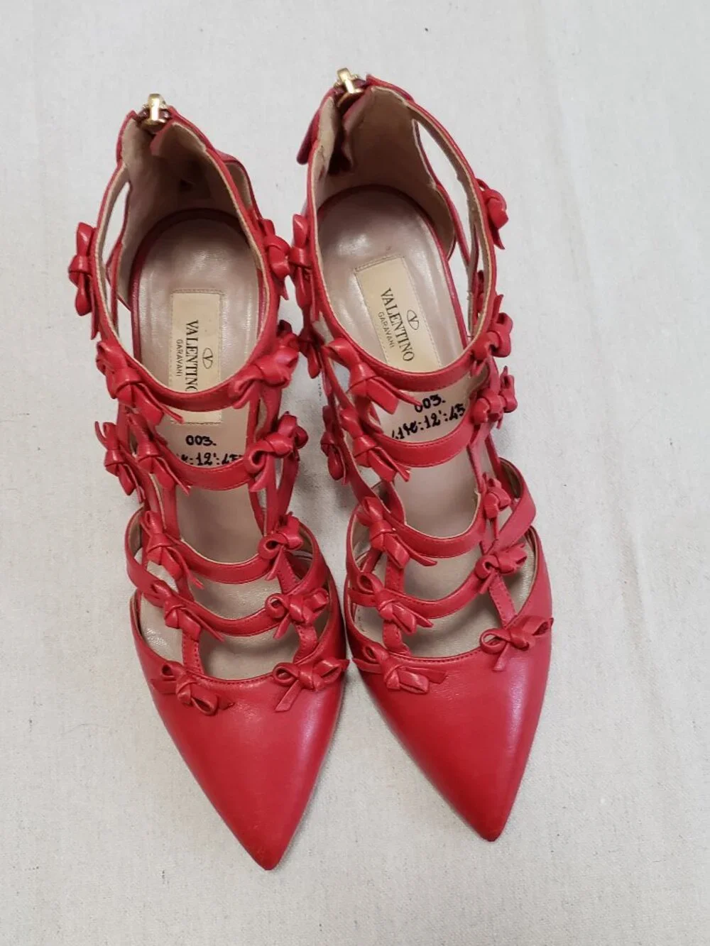 Valentino Garavani Women's Size 8/38 Red French Bow Heel Strappy Leather Shoes
